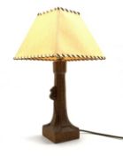 Thompson of Kilburn 'Mouseman' oak table lamp with vellum shade and carved mouse signature H26cm