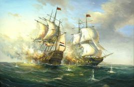 20th Century - unsigned oil on canvas of a 19th Century Naval battle,