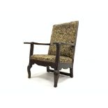 Early 18th century country oak framed upholstered armchair, upholstered seat and back, swept arms,