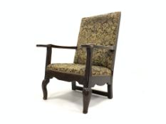 Early 18th century country oak framed upholstered armchair, upholstered seat and back, swept arms,