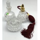 Waterford crystal atomizer, Waterford small circular jar and cover and a Waterford scent flask,