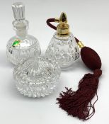 Waterford crystal atomizer, Waterford small circular jar and cover and a Waterford scent flask,
