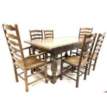 17th century style oak refectory table, rectangular top with lunette carved panels,