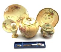 Royal Worcester pot pourri with pierced cover painted with roses on a blush ivory ground,