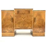 Early 20th century Art Deco walnut break front sideboard, raised back, plate glass top,