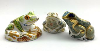 Three Royal Crown Derby paperweights Marsh Frog, Fountain Frog and Hop,