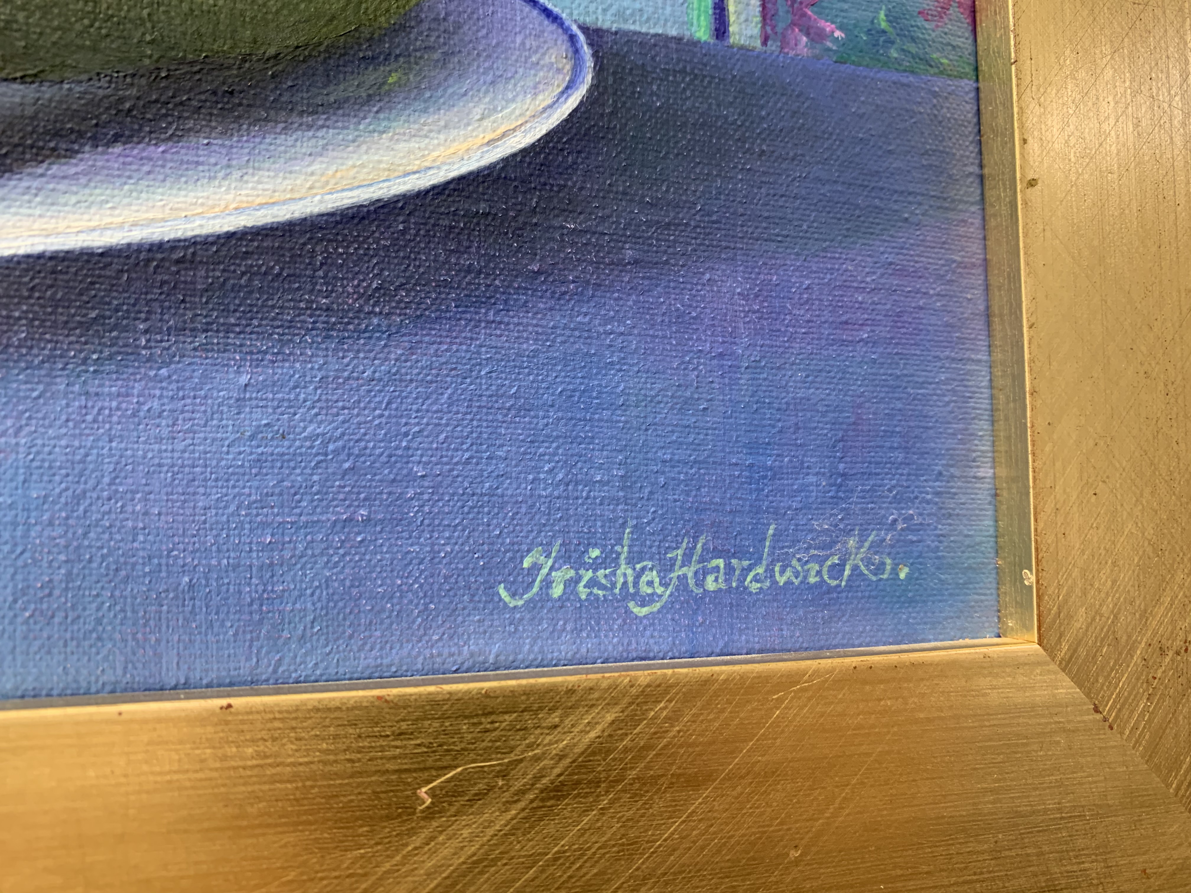 Trisha Hardwick (British 1949-) still life of three pears on a plate, oil on canvas, signed, - Image 2 of 2