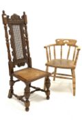 20th century oak Carolean design high back side chair, scroll carved top rail, turned pilasters,