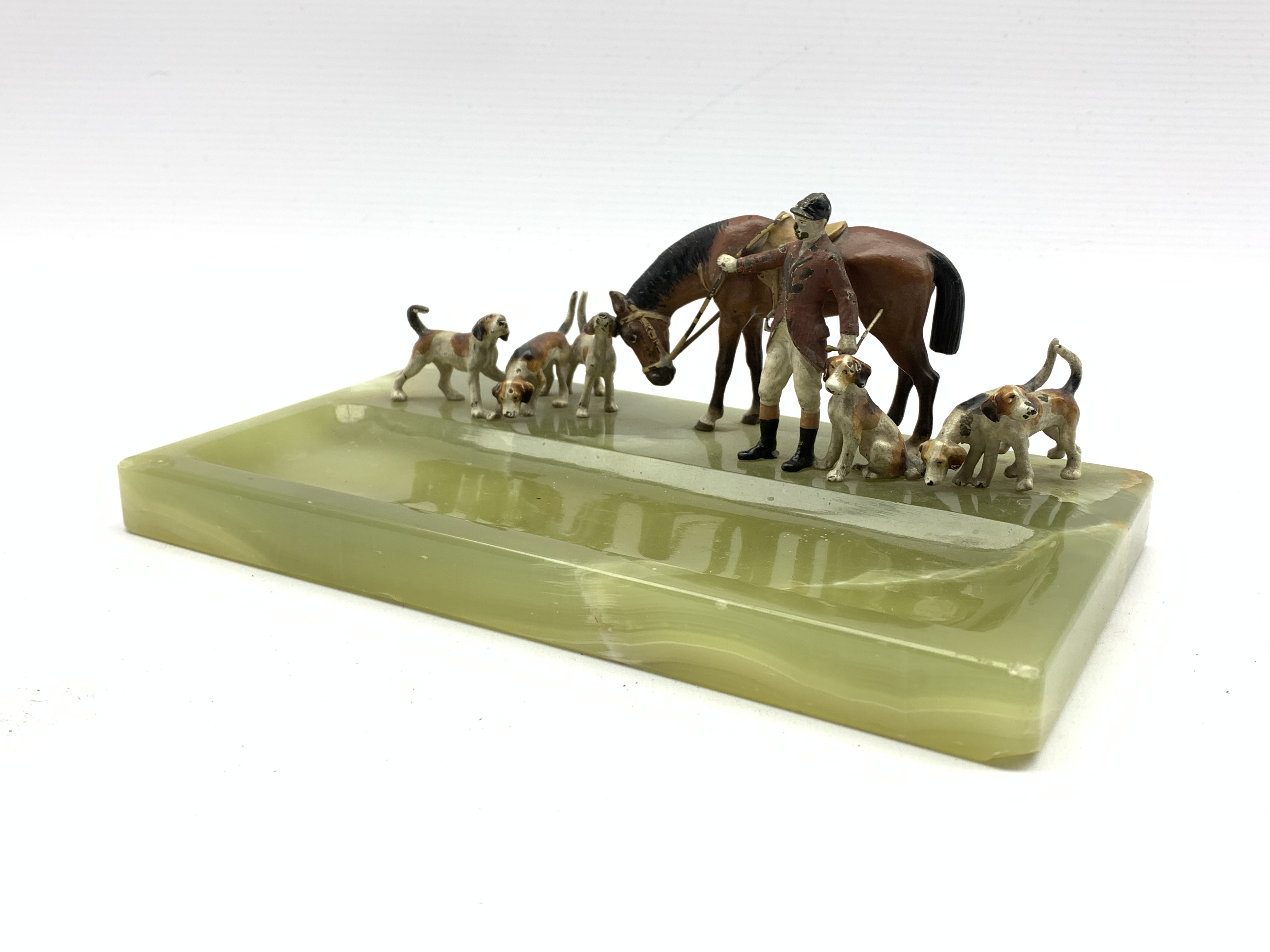 Cold painted bronze hunting group of horse and huntsman with six hunting dogs,