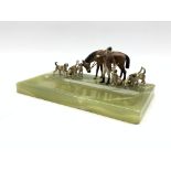 Cold painted bronze hunting group of horse and huntsman with six hunting dogs,
