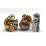 Three Royal Crown Derby paperweights; Chimpanzee and Baby, Chipmunk and Cockerel,