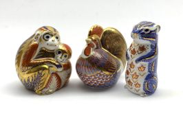 Three Royal Crown Derby paperweights; Chimpanzee and Baby, Chipmunk and Cockerel,