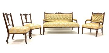 Edwardian rosewood four piece drawing room suit, comprising of a three seat sofa,