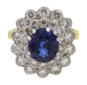 18ct gold oval sapphire and two row diamond cluster ring hallmarked, sapphire approx 2.