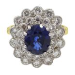 18ct gold oval sapphire and two row diamond cluster ring hallmarked, sapphire approx 2.