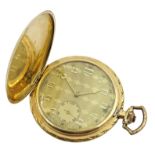 Swiss gold full hunter pocket watch top wound, stamped 14K 585,