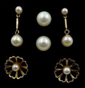 Pair of gold pearl pendant earrings and two other pairs of gold pearl stud earrings,