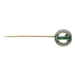 Early 20th century diamond and emerald stick pin 3.5gm terminal diameter 1.