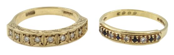 Gold illusion set diamond half eternity ring and sapphire and diamond ring,