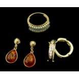 Pair of 9ct gold amber pendant earrings,