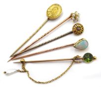 Five stick pins, mother of pearl cluster, tear drop opal, peridot and pearl,