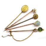 Five stick pins, mother of pearl cluster, tear drop opal, peridot and pearl,