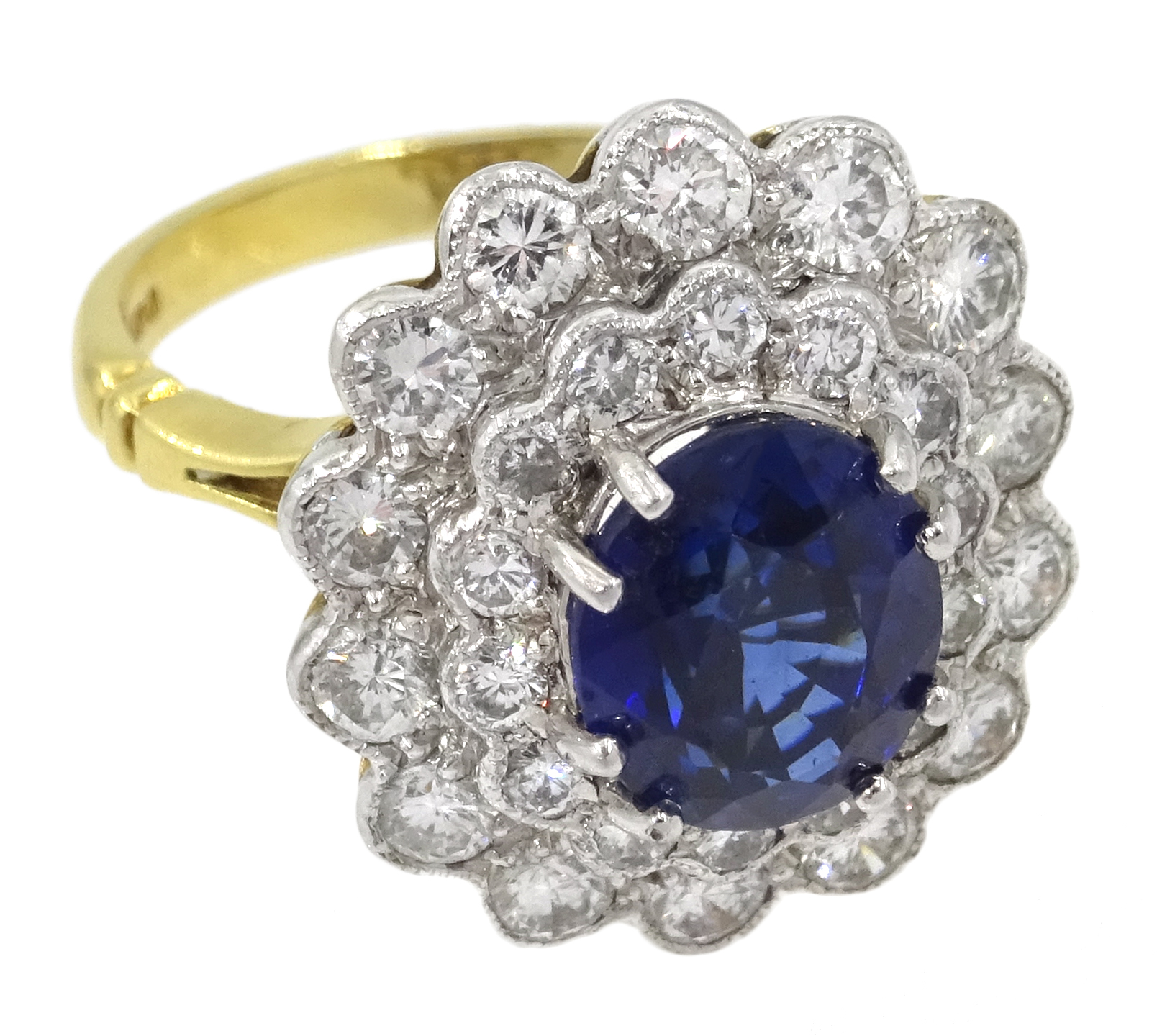 18ct gold oval sapphire and two row diamond cluster ring hallmarked, sapphire approx 2. - Image 2 of 4