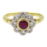 18ct gold round ruby and diamond flower cluster ring,