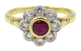 18ct gold round ruby and diamond flower cluster ring,