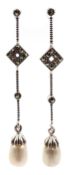 Pair of silver pearl and marcasite pendant earrings,