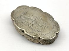 Early Victorian silver box of lobed oval design engraved with a landscape and later inscription 8cm