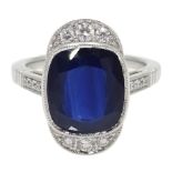 18ct white gold cushion cut sapphire and diamond cluster ring,