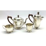 Silver circular four piece tea set, of panel sided design, Birmingham 1928, makers Mappin & Webb 55.