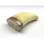 Victorian silver mounted whales tooth snuff mull with engraved hinged cover London 1880 Maker