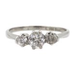 White gold three stone diamond ring stamped 18ct Plat, central diamond approx 0.