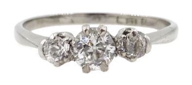 White gold three stone diamond ring stamped 18ct Plat, central diamond approx 0.