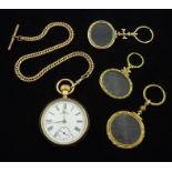 Waltham gold-plated pocket watch with chain and three gold-plated magnifying glasses,