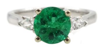 18ct white gold round emerald and pear shaped diamond three stone ring hallmarked, emerald approx 1.