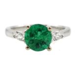 18ct white gold round emerald and pear shaped diamond three stone ring hallmarked, emerald approx 1.