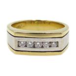 Yellow and white gold, gentleman's channel set five stone diamond ring,