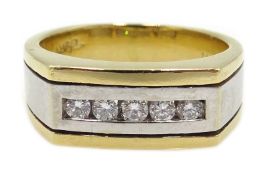 Yellow and white gold, gentleman's channel set five stone diamond ring,