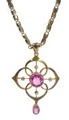 Edwardian gold pink stone pendant stamped 9ct on Austrian 14ct gold chain hallmarked