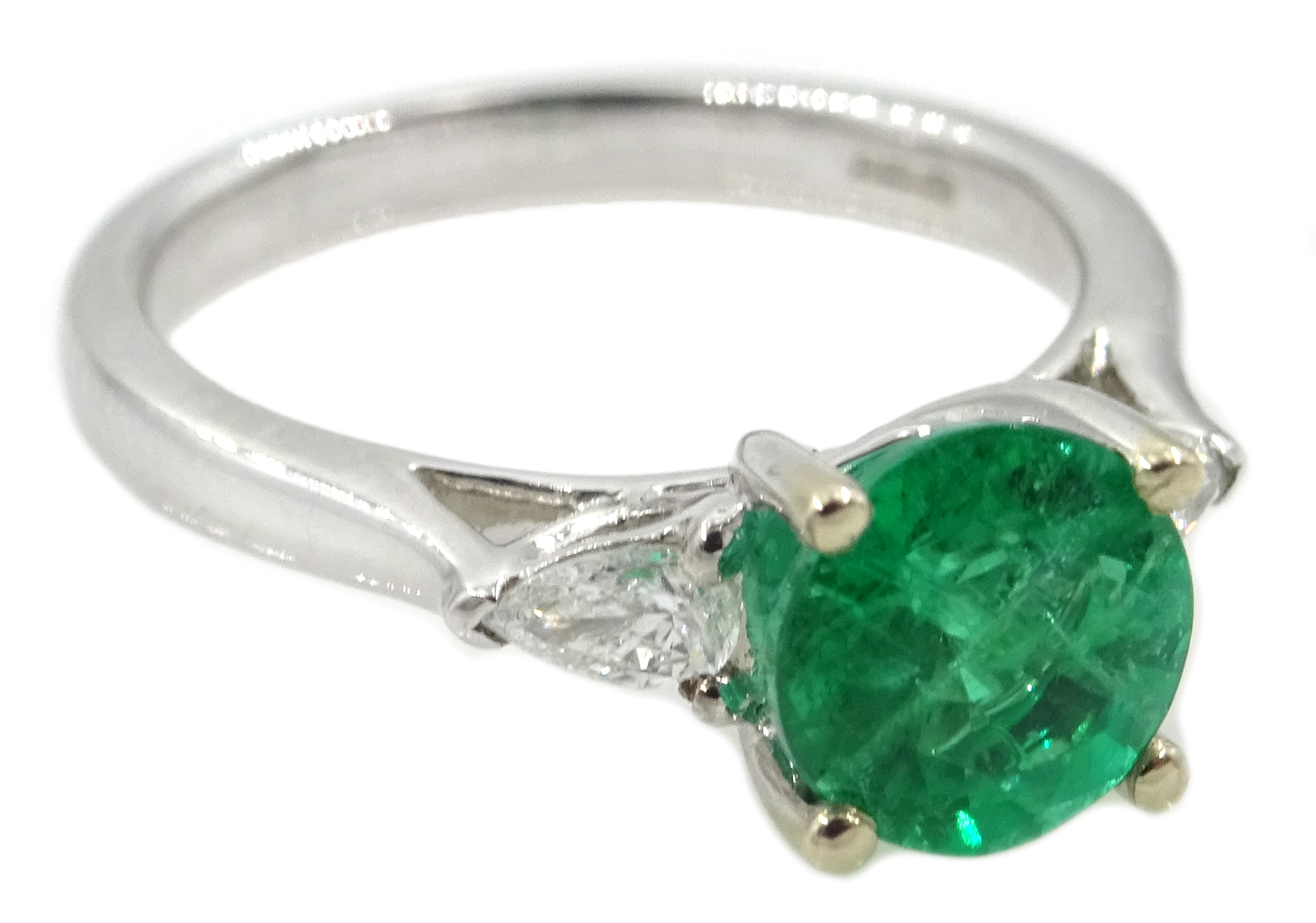 18ct white gold round emerald and pear shaped diamond three stone ring hallmarked, emerald approx 1. - Image 2 of 3