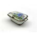 Continental silver and enamel basket shape box decorated with flowers on a white ground and with