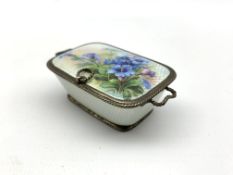 Continental silver and enamel basket shape box decorated with flowers on a white ground and with