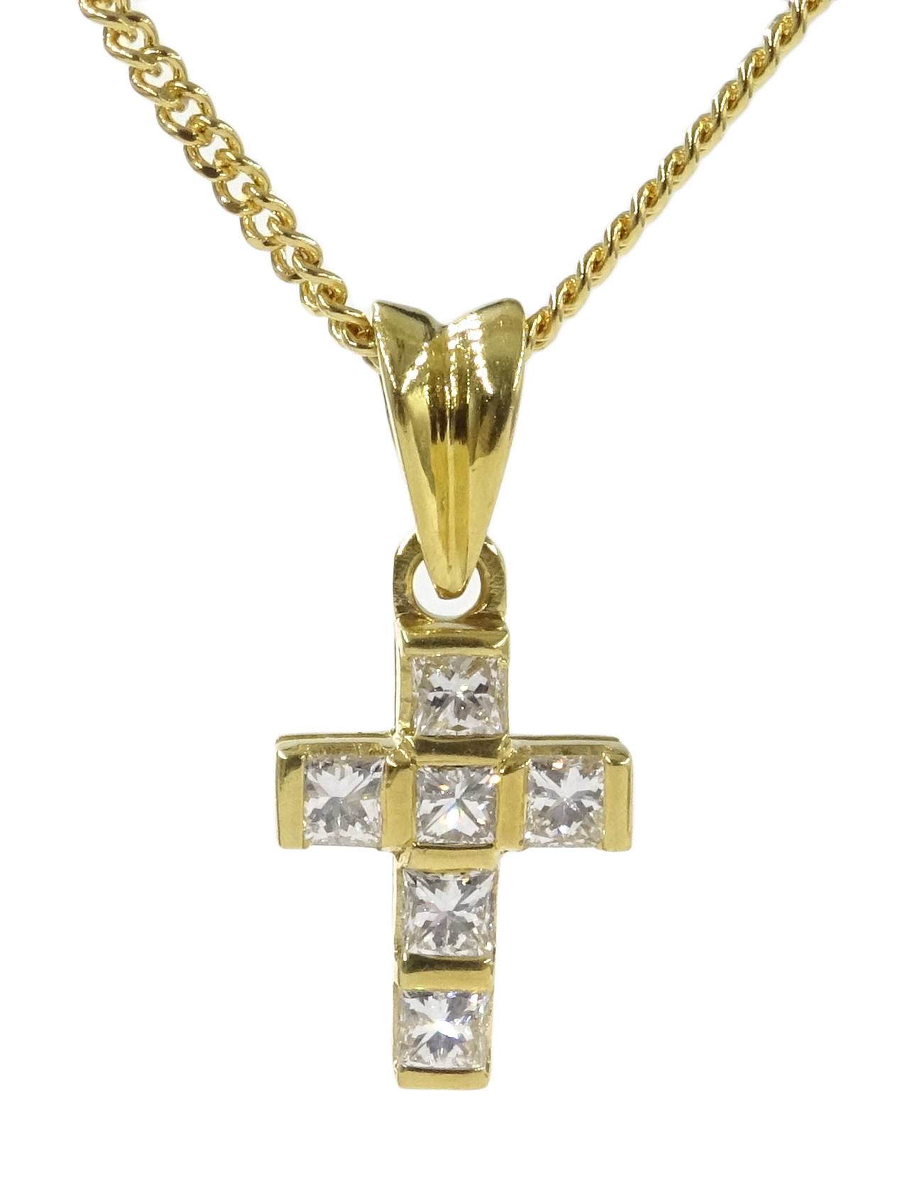 18ct gold princess cut diamond cross pendant necklace,