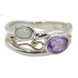 Silver and 14ct gold wire amethyst and opal ring,
