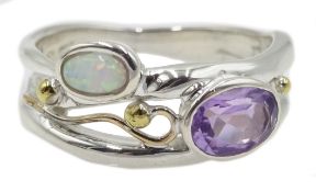 Silver and 14ct gold wire amethyst and opal ring,