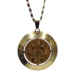 Austrian 1915 gold 1 Ducat coin, loose mounted in gold pendant on gold chain,