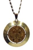 Austrian 1915 gold 1 Ducat coin, loose mounted in gold pendant on gold chain,